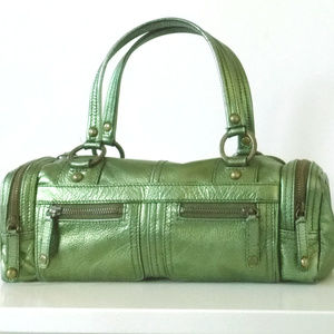 Rafe metallic olive green leather barrel bag purse